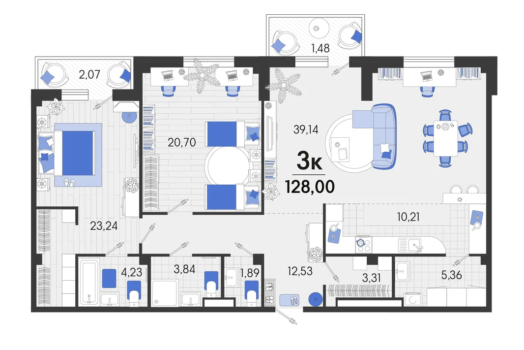 Планировка 3-комн. квартира, 128.89 м² ЖК «Белые Росы 2»