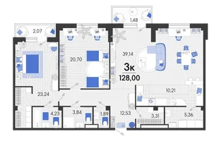 Планировка 3-комн. квартира, 128.89 м² ЖК «Белые Росы 2»