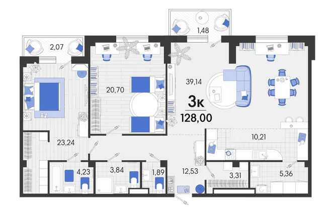 Планировка 3-комн. квартира, 128.89 м² ЖК «Белые Росы 2» Планировка 3-комн. квартира, 128.89 м² ЖК «Белые Росы 2»