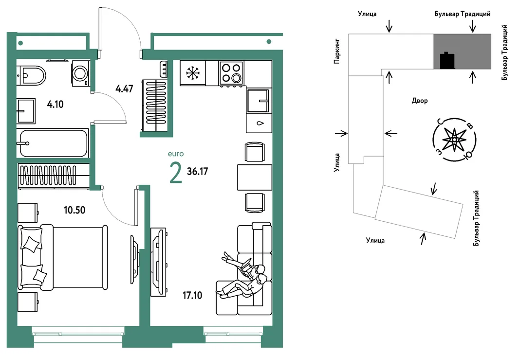 Планировка 2-комн. квартира, 36.17 м² ЖК «Микрорайон Домашний»