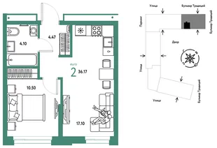 Планировка 2-комн. квартира, 36.17 м² ЖК «Микрорайон Домашний»