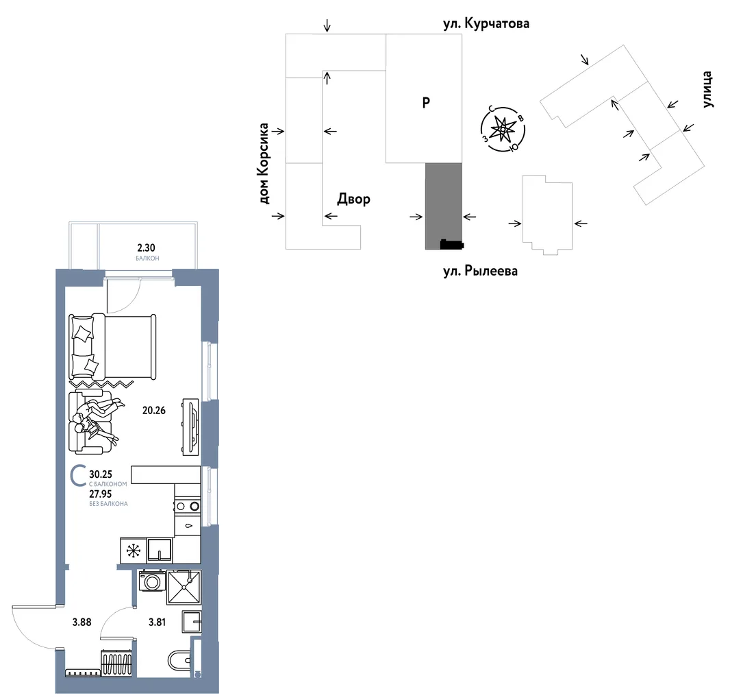 Планировка Студия, 30.25 м² ЖК «Остров-сад»