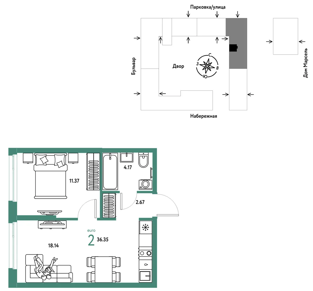Планировка 2-комн. квартира, 36.35 м² ЖК «Европейский берег 2.0»