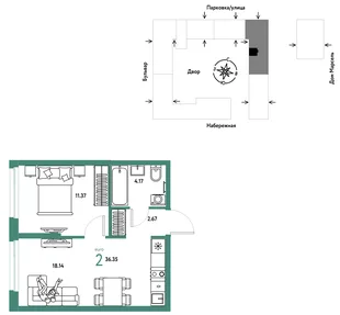 Планировка 2-комн. квартира, 36.35 м² ЖК «Европейский берег 2.0»