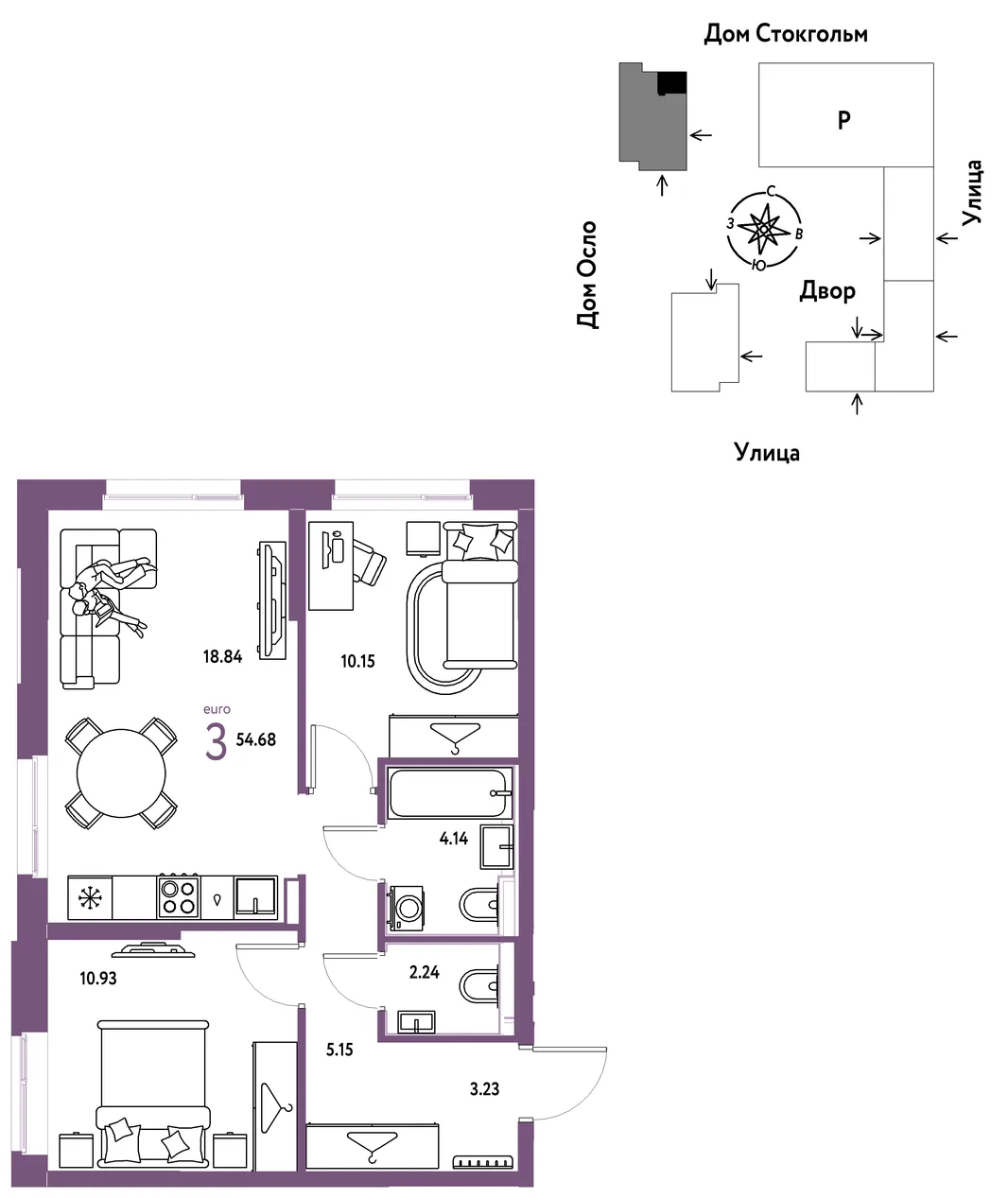 Планировка 3-комн. квартира, 54.7 м² ЖК «Европейский берег 2.0»