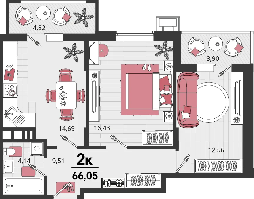 Планировка 2-комн. квартира, 66.05 м² ЖК «Родные просторы»