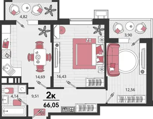 Планировка 2-комн. квартира, 66.05 м² ЖК «Родные просторы»