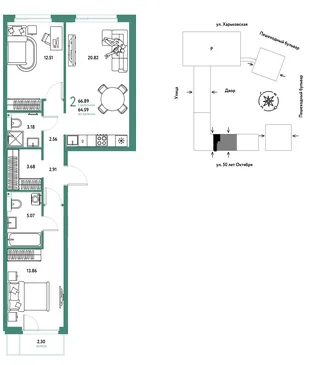 Планировка 2-комн. квартира, 66.89 м² ЖК «Сердце Сибири»