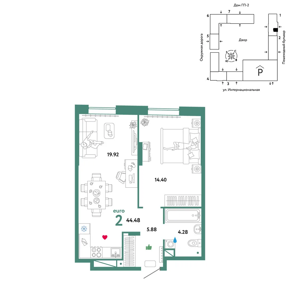 Планировка 2-комн. квартира, 44.48 м² ЖК «Юнион»
