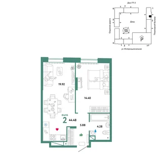 Планировка 2-комн. квартира, 44.48 м² ЖК «Юнион»
