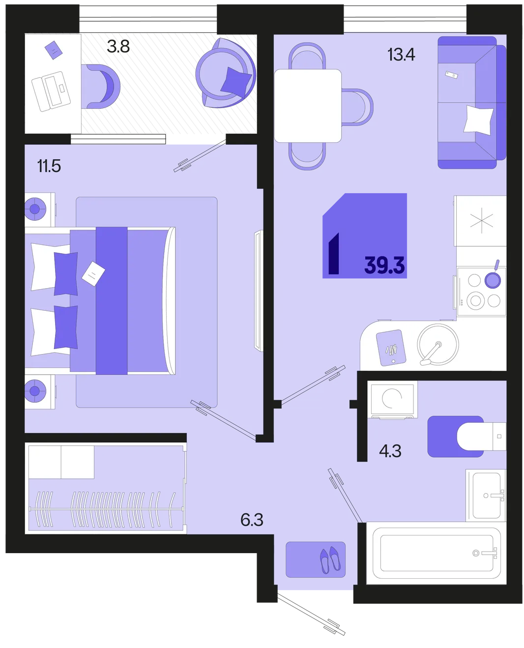Планировка 1-комн. квартира, 39.3 м² ЖК «Первое место»