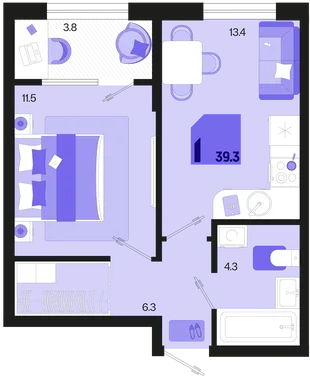 Планировка 1-комн. квартира, 39.3 м² ЖК «Первое место»