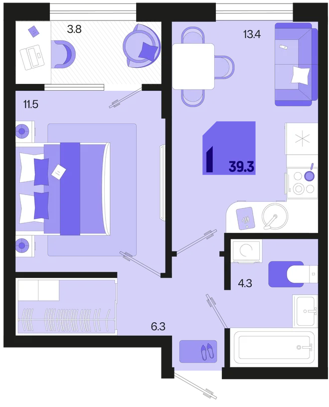 Планировка 1-комн. квартира, 39.3 м² ЖК «Первое место» Планировка 1-комн. квартира, 39.3 м² ЖК «Первое место»