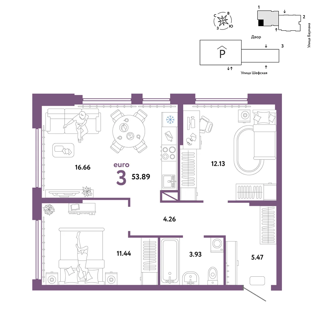 Планировка 3-комн. квартира, 53.89 м² ЖК «Страна.Энтузиастов»