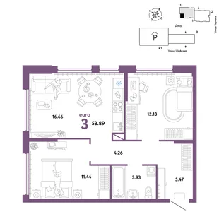 Планировка 3-комн. квартира, 53.89 м² ЖК «Страна.Энтузиастов»
