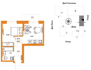 Планировка 1-комн. квартира, 32.79 м² ЖК «Европейский берег 2.0»