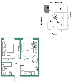 Планировка 2-комн. квартира, 40.36 м² ЖК «Европейский берег 2.0»