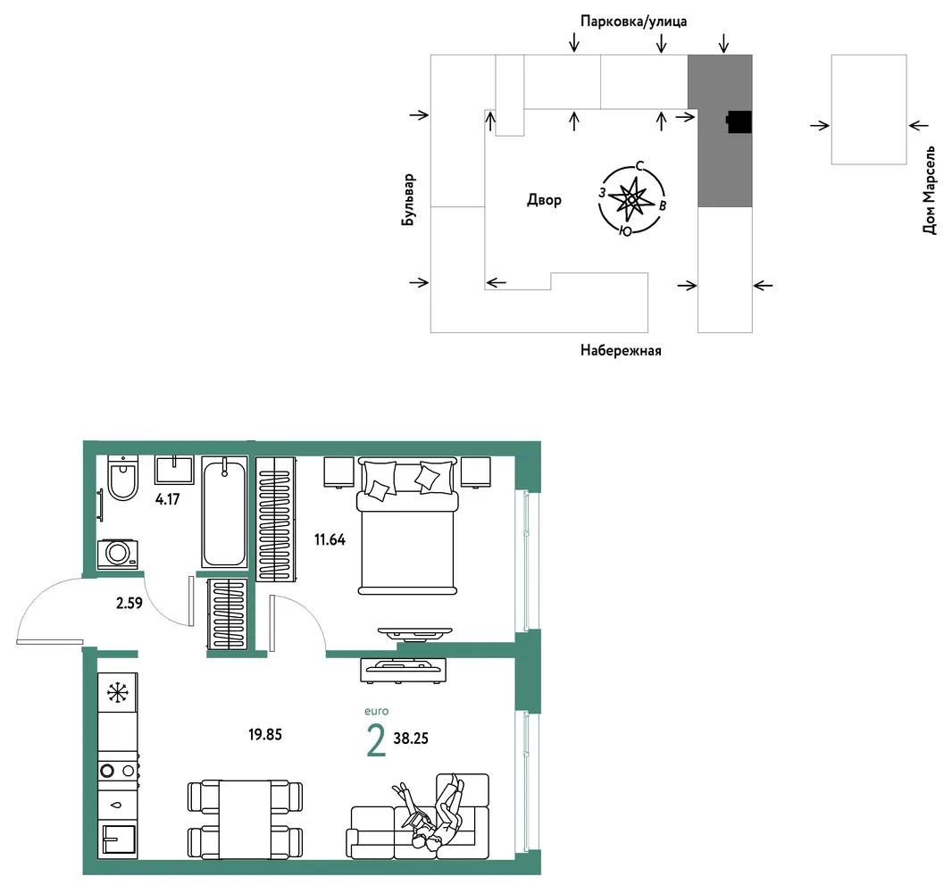 Планировка 2-комн. квартира, 38.25 м² ЖК «Европейский берег 2.0»