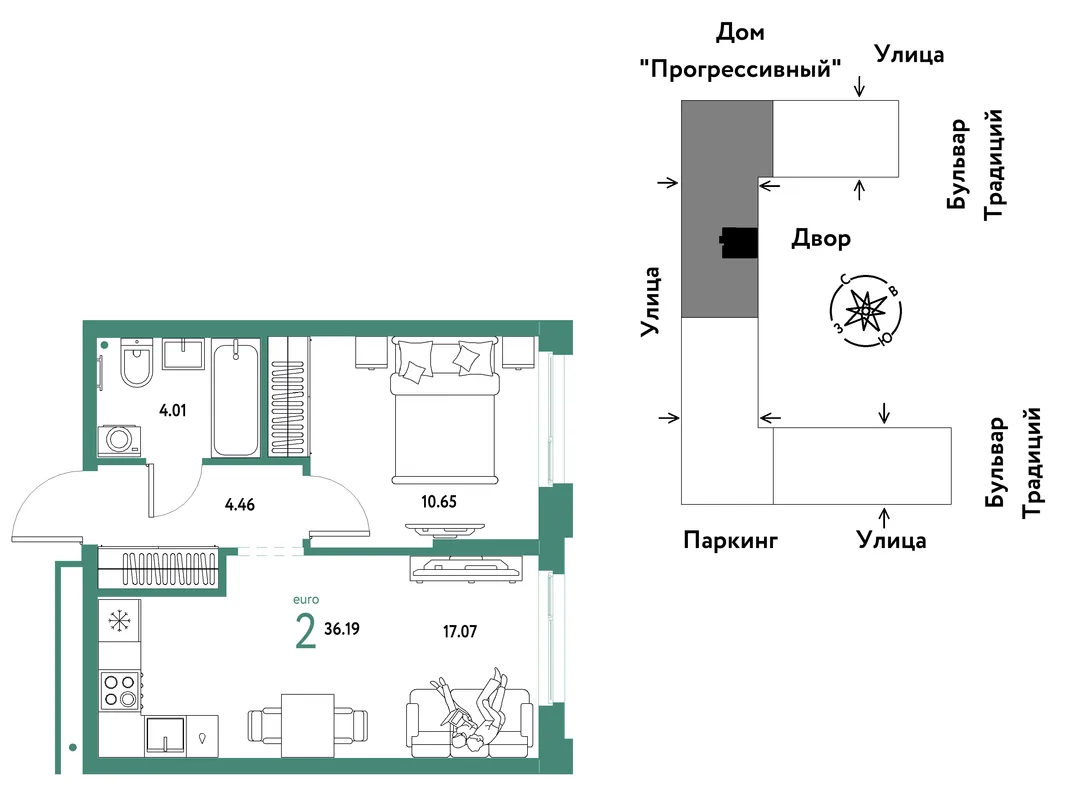 Планировка 2-комн. квартира, 36.19 м² ЖК «Микрорайон Домашний»
