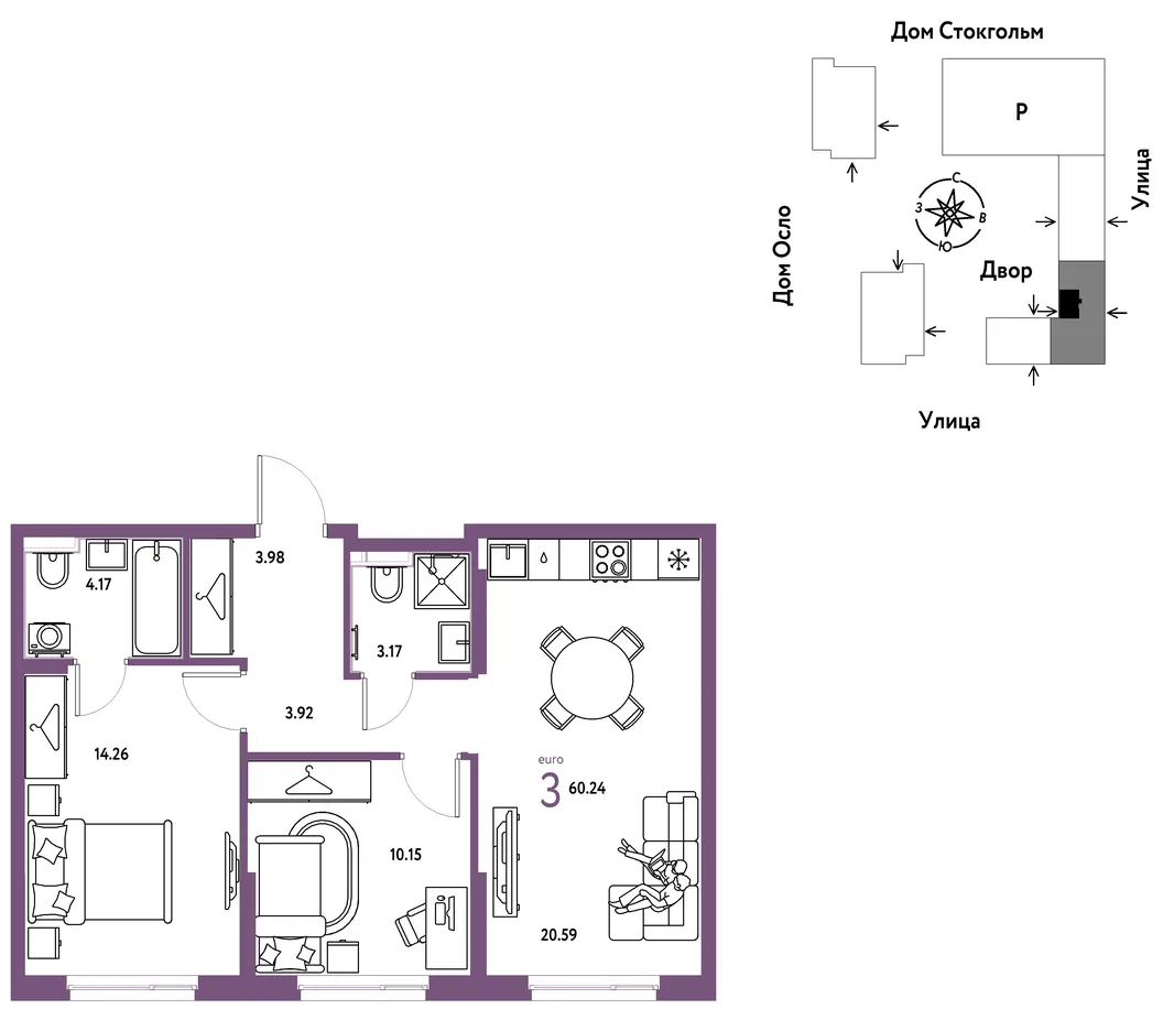 Планировка 3-комн. квартира, 60.24 м² ЖК «Европейский берег 2.0»
