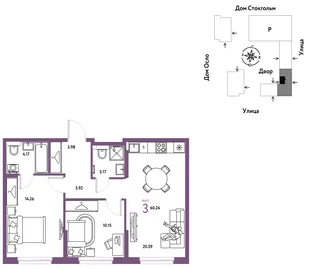 Планировка 3-комн. квартира, 60.24 м² ЖК «Европейский берег 2.0»