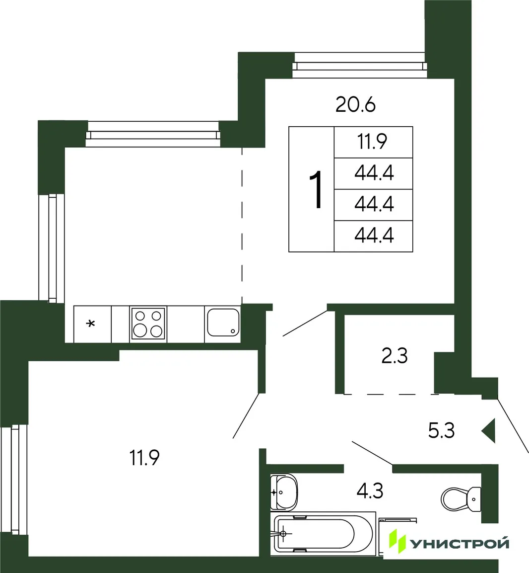 Планировка 1-комн. квартира, 44.4 м² ЖК «Парковый квартал 2.0»
