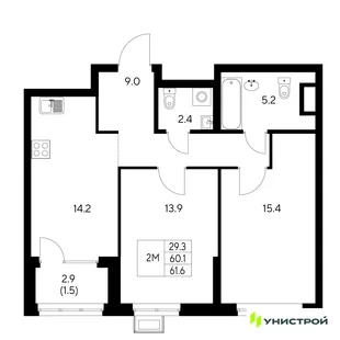 Планировка 2-комн. квартира, 61.6 м² ЖК «Стадиум»