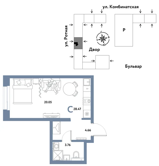 Планировка Студия, 28.47 м² ЖК «Уральский сад» Планировка Студия, 28.47 м² ЖК «Уральский сад»