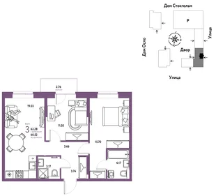 Планировка 3-комн. квартира, 63.28 м² ЖК «Европейский берег 2.0»