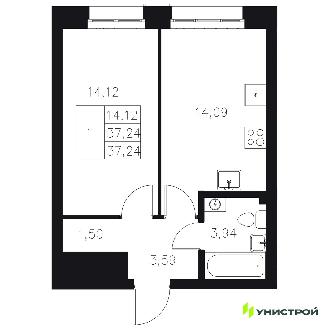 Планировка 1-комн. квартира, 37.24 м² ЖК «Statum»