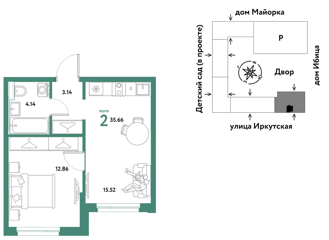 Планировка 2-комн. квартира, 35.66 м² ЖК «Остров-сад»