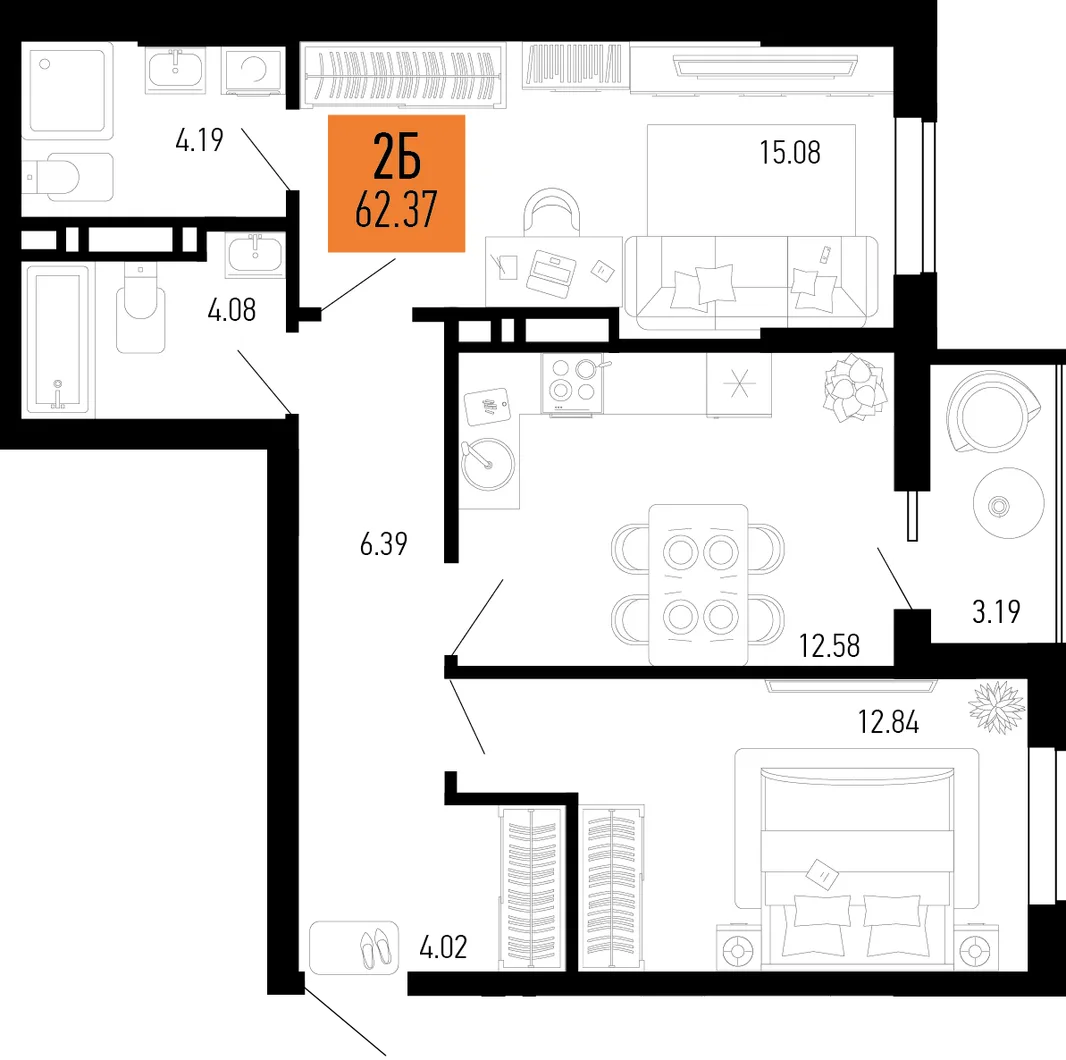 Планировка 2-комн. квартира, 62.37 м² ЖК «Столицыно»