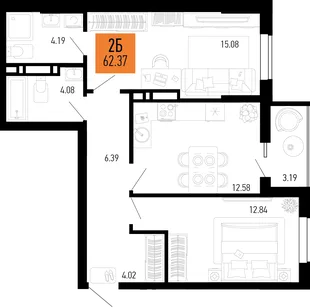 Планировка 2-комн. квартира, 62.37 м² ЖК «Столицыно»