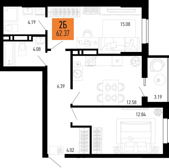 Планировка 2-комн. квартира, 62.37 м² ЖК «Столицыно» Планировка 2-комн. квартира, 62.37 м² ЖК «Столицыно»
