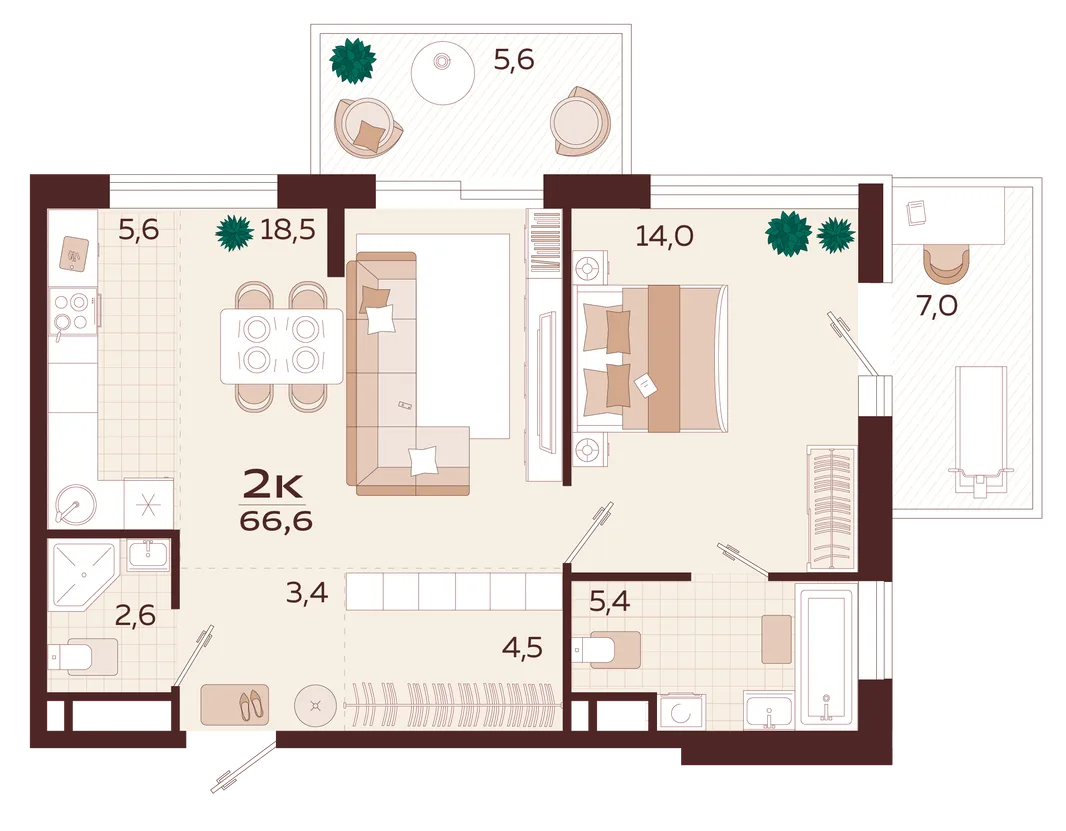 Планировка 2-комн. квартира, 66.6 м² ЖК «Роялта»