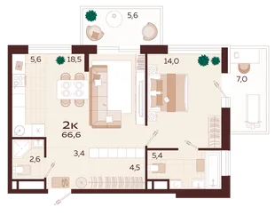 Планировка 2-комн. квартира, 66.6 м² ЖК «Роялта»