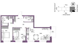 Планировка 3-комн. квартира, 67.63 м² ЖК «Микрорайон Домашний»