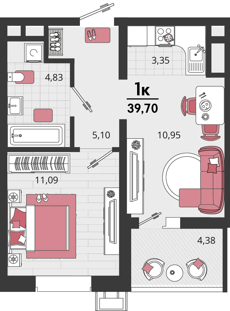 Планировка 2-комн. квартира, 39.7 м² ЖК «Родные просторы»