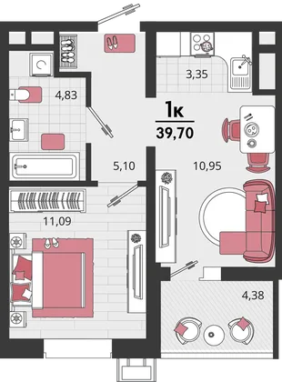 Планировка 2-комн. квартира, 39.7 м² ЖК «Родные просторы»