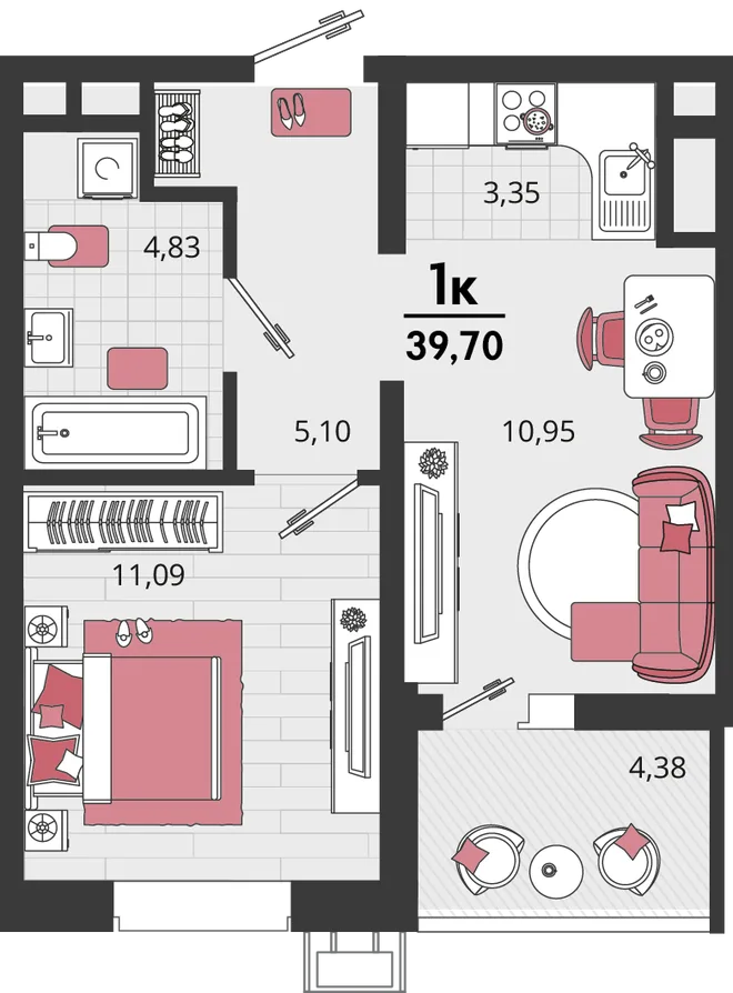 Планировка 2-комн. квартира, 39.7 м² ЖК «Родные просторы»