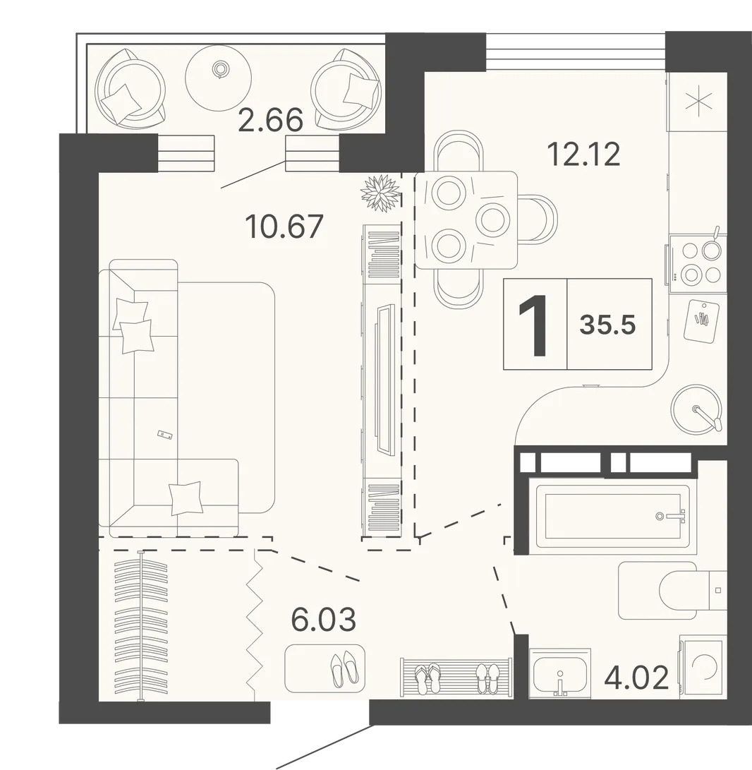 Планировка 1-комн. квартира, 35.5 м² ЖК «Светский лес»