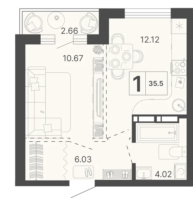 Планировка 1-комн. квартира, 35.5 м² ЖК «Светский лес»