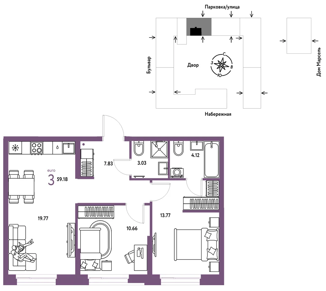 Планировка 3-комн. квартира, 59.18 м² ЖК «Европейский берег 2.0»