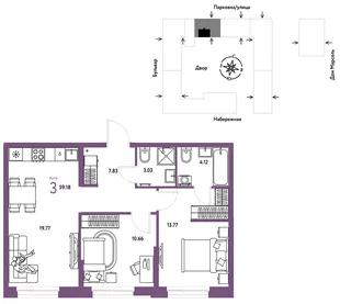 Планировка 3-комн. квартира, 59.18 м² ЖК «Европейский берег 2.0»