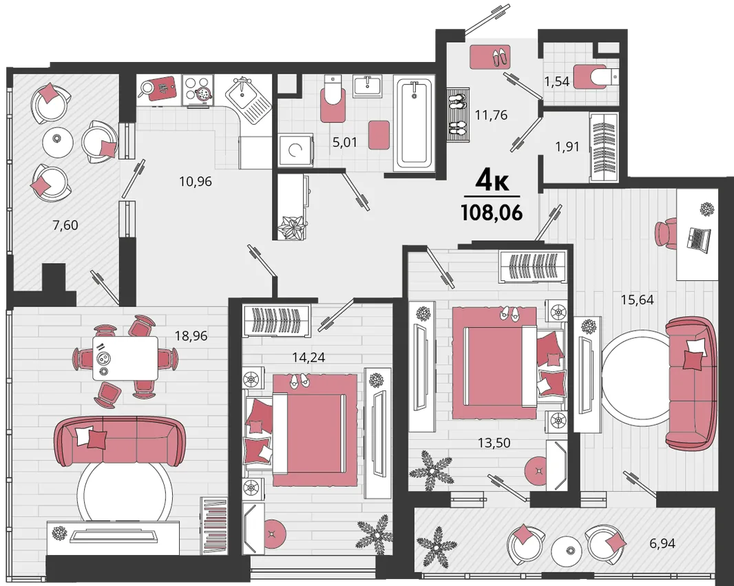 Планировка 4-комн. квартира, 108.06 м² ЖК «Родные просторы»