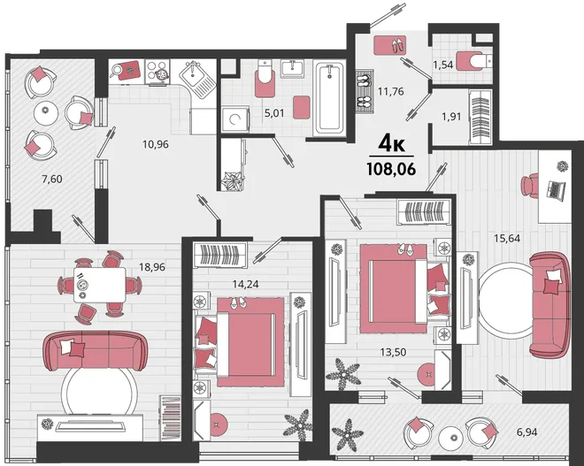 Планировка 4-комн. квартира, 108.06 м² ЖК «Родные просторы» Планировка 4-комн. квартира, 108.06 м² ЖК «Родные просторы»