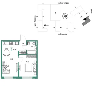 Планировка 2-комн. квартира, 38.75 м² ЖК «Остров-сад»
