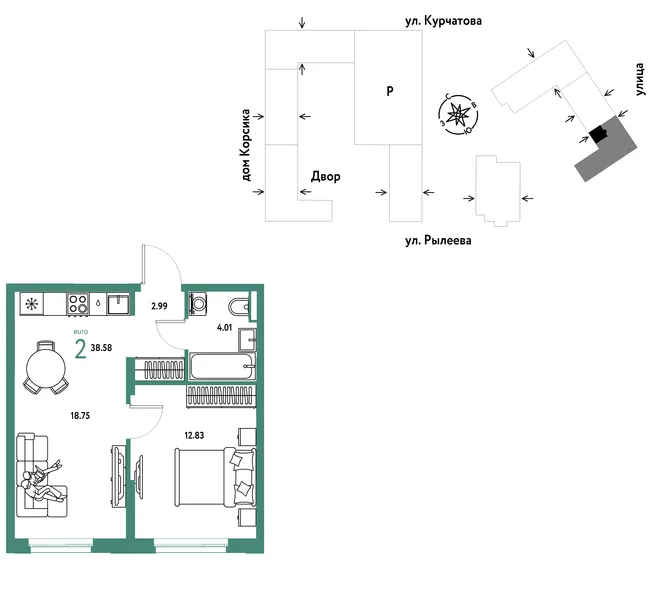 Планировка 2-комн. квартира, 38.75 м² ЖК «Остров-сад» Планировка 2-комн. квартира, 38.75 м² ЖК «Остров-сад»