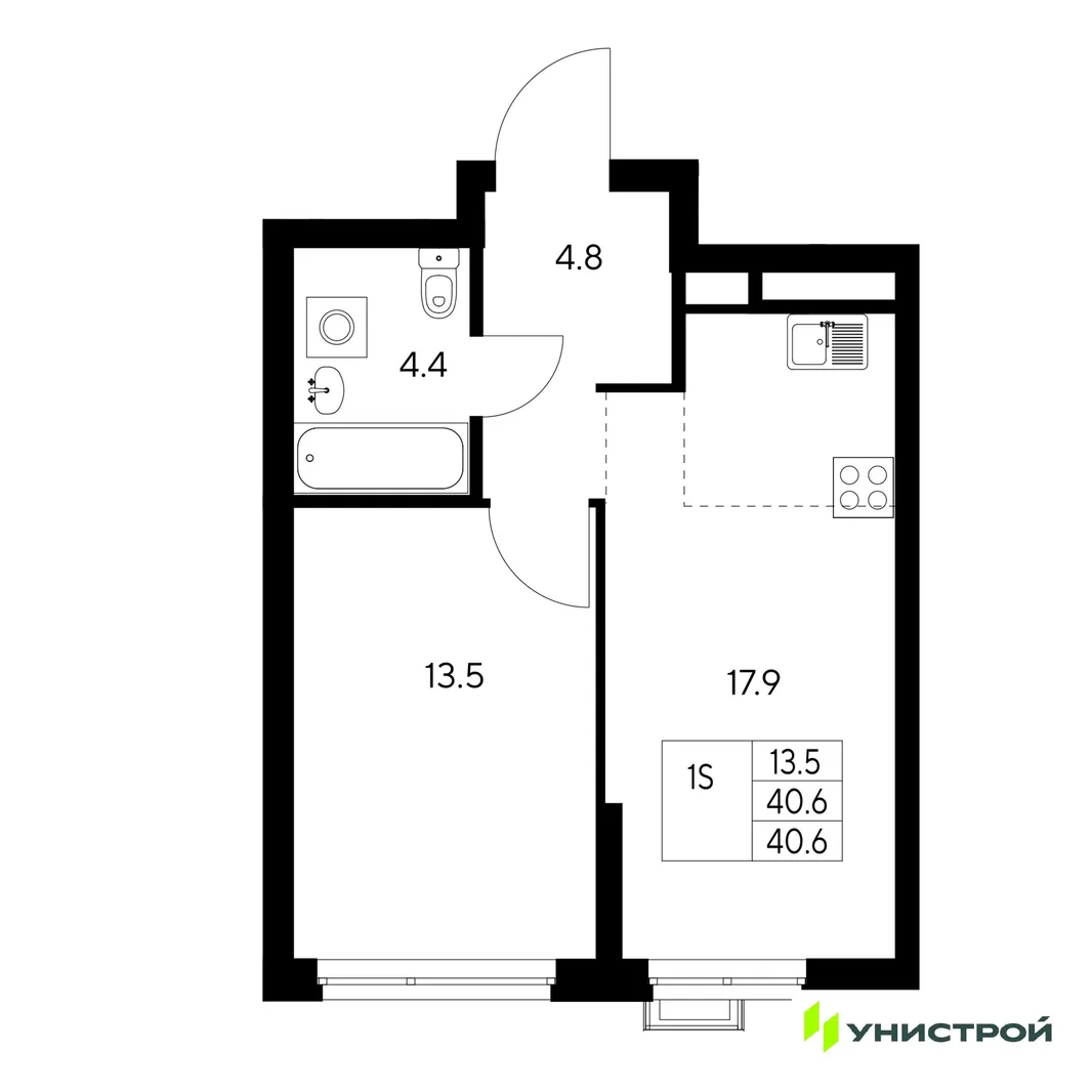 Планировка 1-комн. квартира, 40.6 м² ЖК «Стадиум»