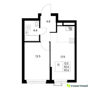 Планировка 1-комн. квартира, 40.6 м² ЖК «Стадиум»